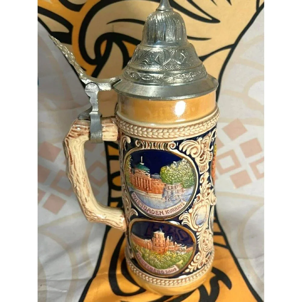 Vintage West German GERZ Lidded Beer Stein – German Cities Relief – Pewter Lid –